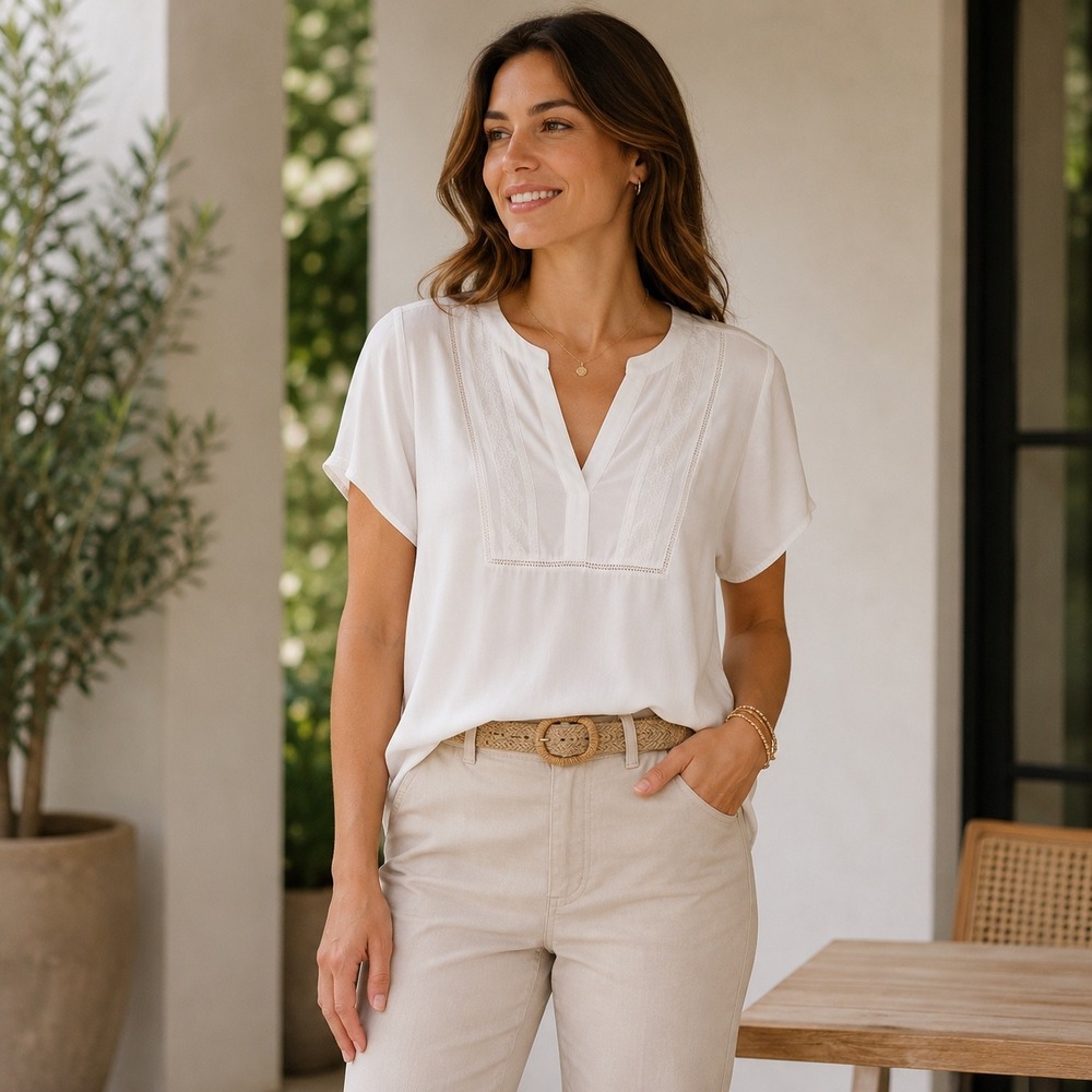 Tommy Hilfiger Womens White Short Sleeve Embroidered Bib Blouse Top Large